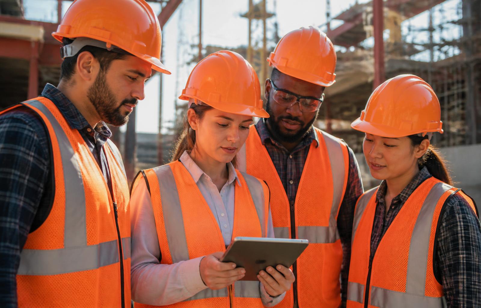 Team met helmen en veiligheidsvesten bekijkt samen een tablet op de bouwplaats